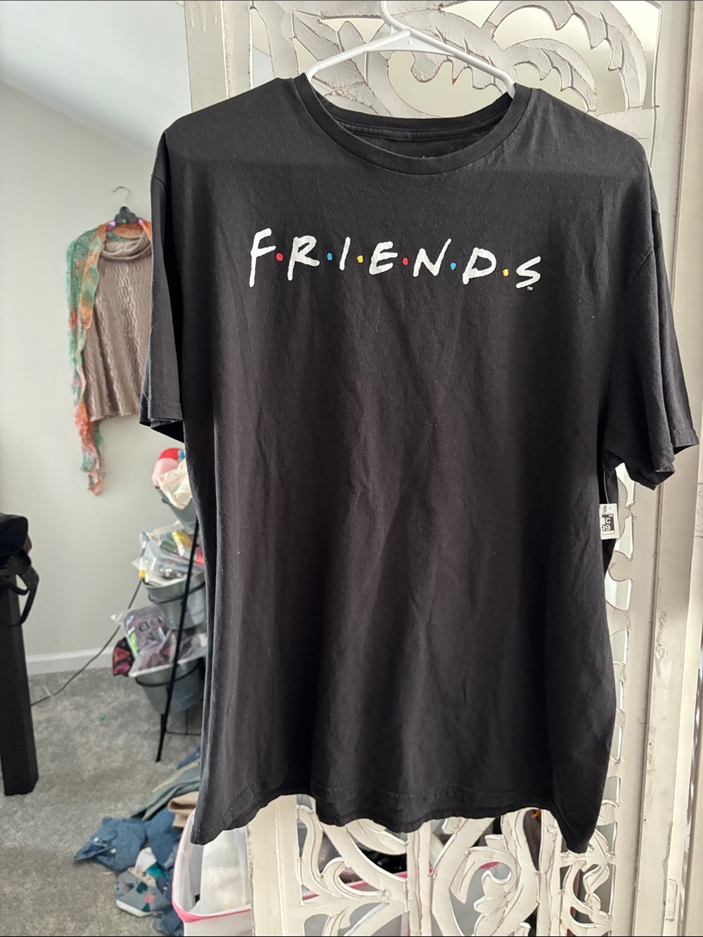 FRIENDS Black Short Sleeve Tee with White Logo and Color Dots